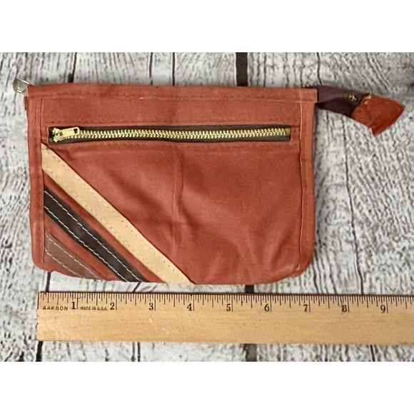 Vintage Leather 70s Clutch Purse Pouch Made in Hong Kong Retro Stripes Brown 7x5 - Picture 3 of 6